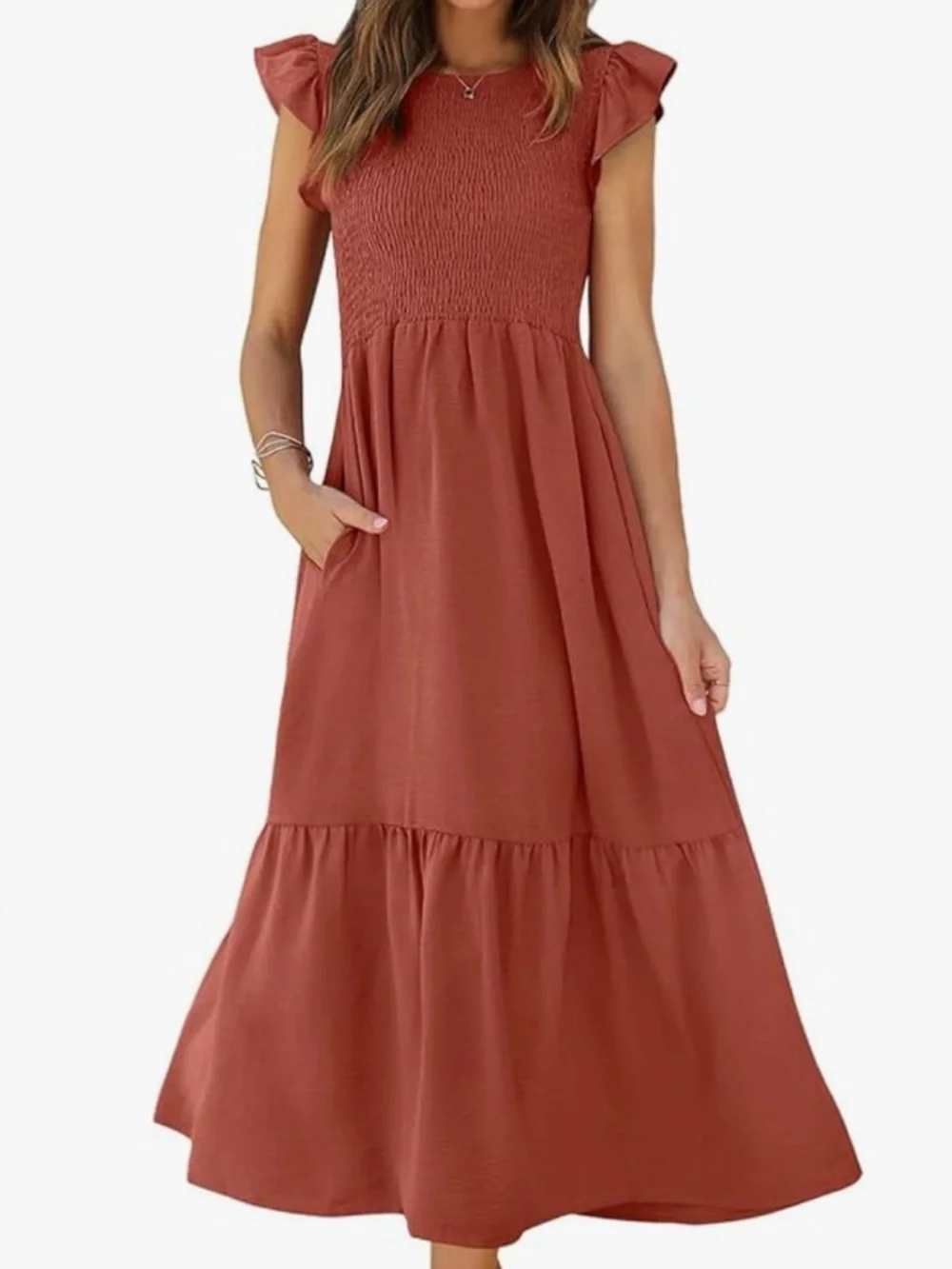 Women’s Blush Red Maxi Dress with Smocked Bodice Size XS - Picture 6 of 6